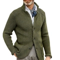 Men's olive green stand collar knit cardigan sweater featuring a waffled texture finish - M / Army Green