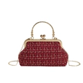 Elegant red tweed shell bag with gold chain strap and metallic ring handle for women - Red