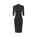 Schwarzes enganliegendes Midi-Strickkleid mit halben Ärmeln und Stehkragen in Rippstrick - XS / Schwarz