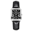 Reloj cuadrado con esfera negra, números romanos y correa de cuero negro elegante - Negro Mujer