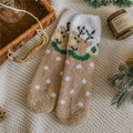 Close-up of warm coral fleece Christmas elk socks with festive pine cones and decor - One Size / Green Scarf Khaki Reindeer