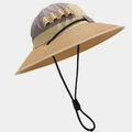 Detail of a color-block sun hat with quick-dry fabric top and woven straw brim with wind cord - Grey Khaki Patchwork