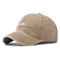 Detail view of khaki washed cotton baseball cap featuring white wave embroidery on the brim - Adjustable / Wavy Khaki Color