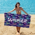 Double-sided velvet beach towel with colorful tiger stripes and SUMMER text in a sunny beach setting - B11-Dark Blue Colorful Tiger Summer