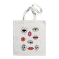 White canvas tote bag featuring evil eye and lip prints with long shoulder handles - Eyes Lips Combo Q