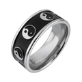 Macro shot of silver and black stainless steel ring featuring Tai Chi Yin Yang engraving - Tai Chi Yin Yang/Size 7
