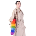 Rainbow fox fur tail charm accessory attached to a stylish leather tote bag - 40CM / Rainbow (M)