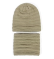 Detail of khaki striped knit beanie and neck warmer set with thick texture and lining - Khaki