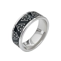 Detailed view of vintage titanium steel ring featuring black Valknut engraving pattern - Valknut Style/Size 7