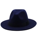 Macro view of navy wool fedora hat featuring a classic black grosgrain ribbon band - Navy Blue