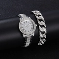 Detail of silver ladies watch and Cuban bracelet set with shimmering pavé rhinestones - A3 Silver Set (Watch+Iced Out Cuban Link Bracelet)