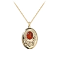 Vintage golden oval locket necklace with orange amber gemstone and floral carving - Gold Red Agate