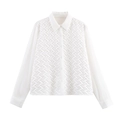 White satin long sleeve shirt with unique woven texture and classic lapel collar - S / White