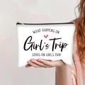 White canvas makeup bag with Girls Trip print and pink hearts held by a person - Girls Trip Secret Style (jiayingpbb0274)