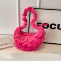 Hot pink velvet cloud bag with pleated strap and quilted crescent moon design - Rose Red