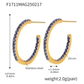 Gold stainless steel C-hoop earrings with blue zircon inlays for a stylish trendy look - Style B-21mm / Gold Blue Zirconia