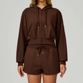 Women's dark brown zip-up hoodie set with matching drawstring high-waisted shorts - S / Coffee