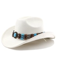 Detail of white suede cowboy hat with ethnic beaded band and turquoise stone accessory - M(56-58cm) / Cream