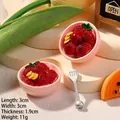 Miniature resin strawberry bowl accessory for DIY crafts with fork and cream details - Pink Bowl Bayberry with Syrup