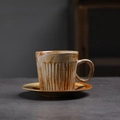 Japanese retro ceramic coffee cup and saucer set with brown and beige textured glaze - 263-b Striped Coffee Mug + Saucer (red) 170ml / Universal