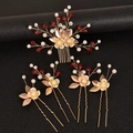 Detail of bridal hair set with gold leaves, white pearls and red crystal beads - Gold Leaf + Red Crystal (Set of 5)
