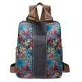 Rucksack mit Blumenmuster, schwarzem Lederstreifen und braunen Trägern in Blau - Herbstahornblatt