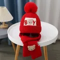 Red knit beanie hat and scarf set with pompom and cute bear embroidery for kids - BY Cartoon Bear Set - Red