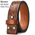 Macro detail of brown leather western belt with leaf embossing and silver studs, 3.8cm wide - 120cm / Brown Strap Only
