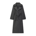 Detail shot of charcoal wool coat texture with double-breasted buttons and waist belt - S / Gray