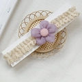 Infant headbands with beige lace and a purple fabric flower featuring a pink button center - Purple Single Flower
