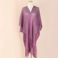 Detailed view of a purple knitted shawl with sparkling silk finish and fringe hem on mannequin - Leather Purple
