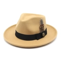 Detail of camel wool fedora hat featuring black ribbon band and patterned feather accents - M (56-58cm) / Camel
