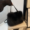 Chic black faux fur crossbody handbag with fluffy texture and leather strap for autumn fashion - With Leather Strap / Bright Black