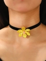 Retro oversized hollow metal orchid flower choker necklace with black velvet band - Yellow Orchid Choker (3583)