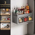 Wall-mounted gun grey spice rack with three compartments and transparent jars, 28.5cm - Gun Grey 2-Tier 3-Grid