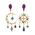 Orecchini asimmetrici sole e luna in oro vintage con pietre viola e perle - Viola