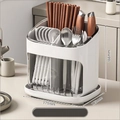 Vertical white kitchen utensil holder with transparent window and drainage tray - Vertical Drainage Chopstick Tube / Clear White