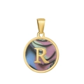 Pendentif lettre R en acier inoxydable plaqué or 18k avec textures d'émail colorées - R-Coquille Multicolore