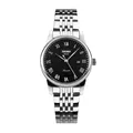 Classic silver stainless steel quartz watch with black textured dial and date display - Silver Case Black Dial Steel Strap (Women)