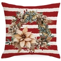 Funda de cojín navideña a rayas rojas y blancas con corona floral festiva decorativa - Corona navideña / 45*45cm Una Sola Cara