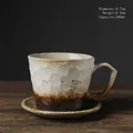 Japanese retro stoneware coffee cup and saucer set in cream beige and burnt brown, 350ml - Knife-cut Textured Coffee Cup And Saucer - Gradient White 350ml / Universal