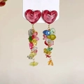 Pink heart-shaped stud earrings with colorful dangling beads and gold metal chain links - 10# Silver Earring Post - Multicolor