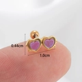 Macro shot of gold double heart cartilage studs showing dimensions 0.44cm by 1.0cm - Gold-Purple Heart