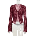 Haut élégant en dentelle mousseline bordeaux avec manches cloche et liens en V - XS / Bordeaux