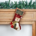Hanging red linen Christmas stocking with 3D snowman and Merry Christmas embroidery - Faux Leather Style Snowman
