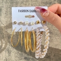 Set of 6 pairs golden hoop earrings with pearls and crystals on display card - Gold 6-Pair Set - Heart Hoop Crystal Pearl