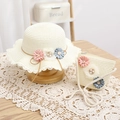 Ensemble chapeau de paille et sac assorti pour enfant avec fleurs et perles douces - Ensemble Chapeau + Sac Blanc Crème