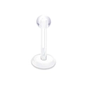 Macro shot of a clear acrylic labret piercing stud with a round ball top and flat base - Type B (Transparent Round Ball) / Clear