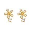 Elegante goldene Blumenstecker mit weißen Zirkonia und einem hängenden Kristall-Detail - Blume Ohrringe / Gold