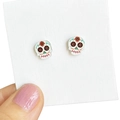 Sparkly sugar skull stud earrings with colorful floral Day of the Dead patterns - White Colorful Sugar Skull